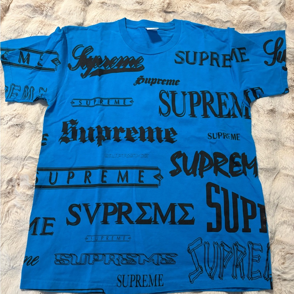 Supreme Allover Logo Tee – Blue/Black – Size Large – Made in USA